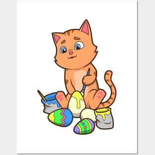 Cute cat painting easter eggs on easter day Posters and Art